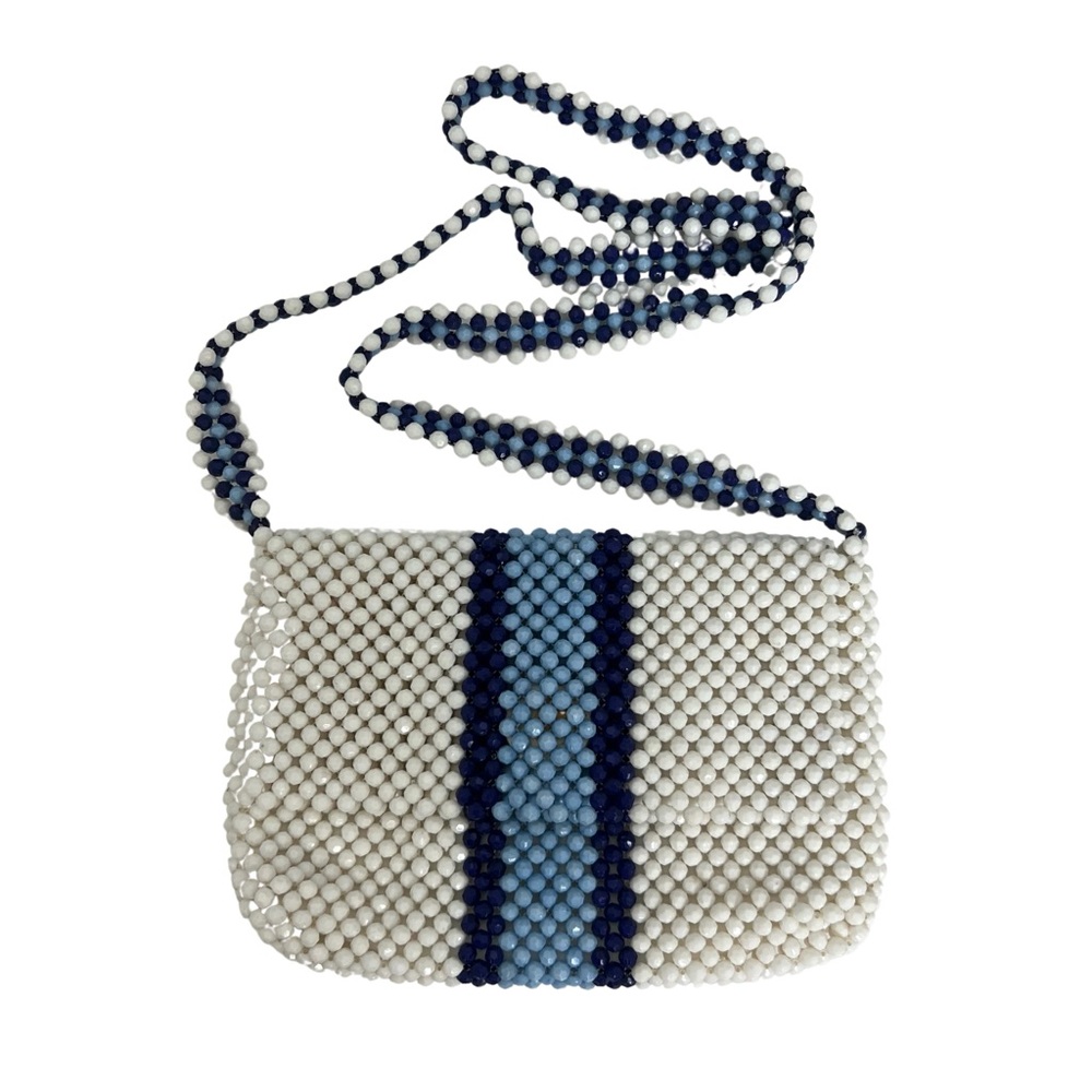 Isaac Mizrahi New York White & Blue Fully Beaded Retro Small Crossbody Bag Purse